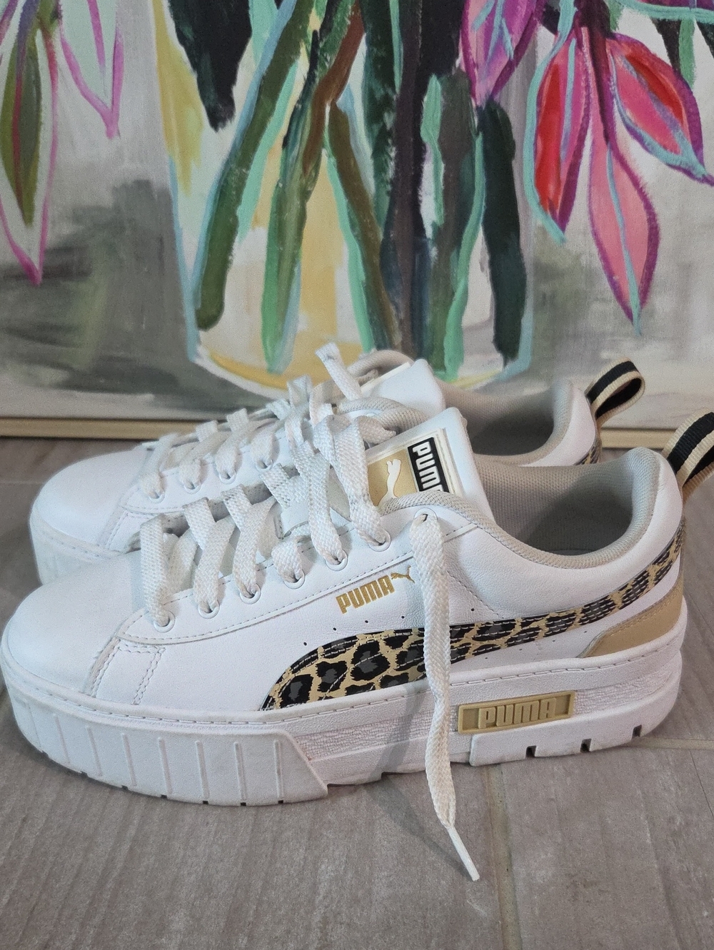 Puma White Platform Sneakers with Leopard Stripe and Gold Trim